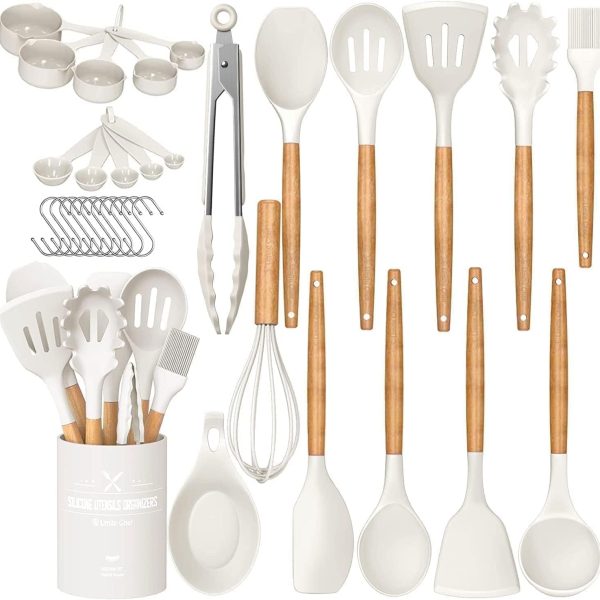 Kitchen Cooking Utensils Set, 33 pcs Non-stick Silicone Cooking Kitchen Utensils Spatula Set with Holder, Wooden Hand...